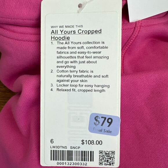 ❌SOLD❌ Lululemon | Women's Pink All Yours Cropped Hoodie with Tags | Size: 6 - Picture 7 of 7